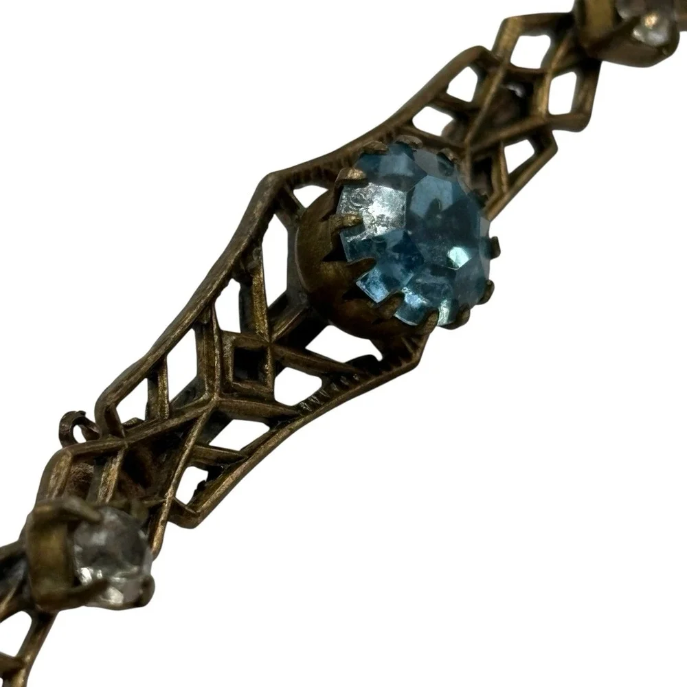 Vintage Bar Brooch Blue Rhinestones Filigree Open Work Ornate Gold Tone Art Deco